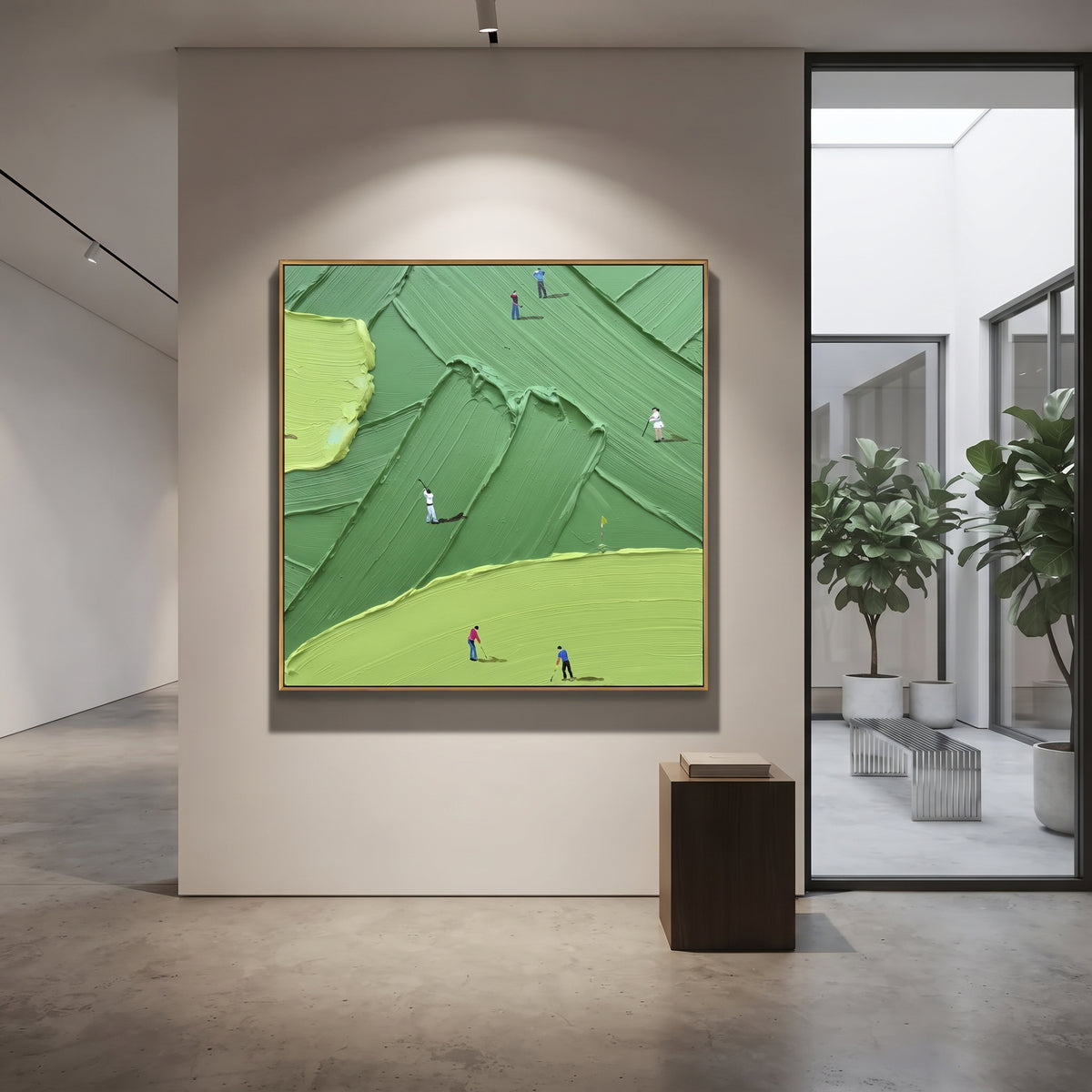 Layered Green Fairway Golf focuses on this hand-painted textured canvas features layered diagonal green fairways, small golfers, a flagstick, and bright lime course sections. The composition is described from the actual main image, so the visible subject, color balance, spacing, and surface movement stay specific to this product instead of reading like a batch title. Raised palette-knife layers, sculpted impasto ridges, softened brush transitions, and tactile handmade texture give the canvas