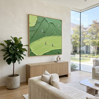 Broad Lime Fairway Golf focuses on this hand-painted textured canvas features broad lime fairway across the foreground, dark green raised ridges, and small golfers on the course. The composition is described from the actual main image, so the visible subject, color balance, spacing, and surface movement stay specific to this product instead of reading like a batch title. Raised palette-knife layers, sculpted impasto ridges, softened brush transitions, and tactile handmade texture give the canvas