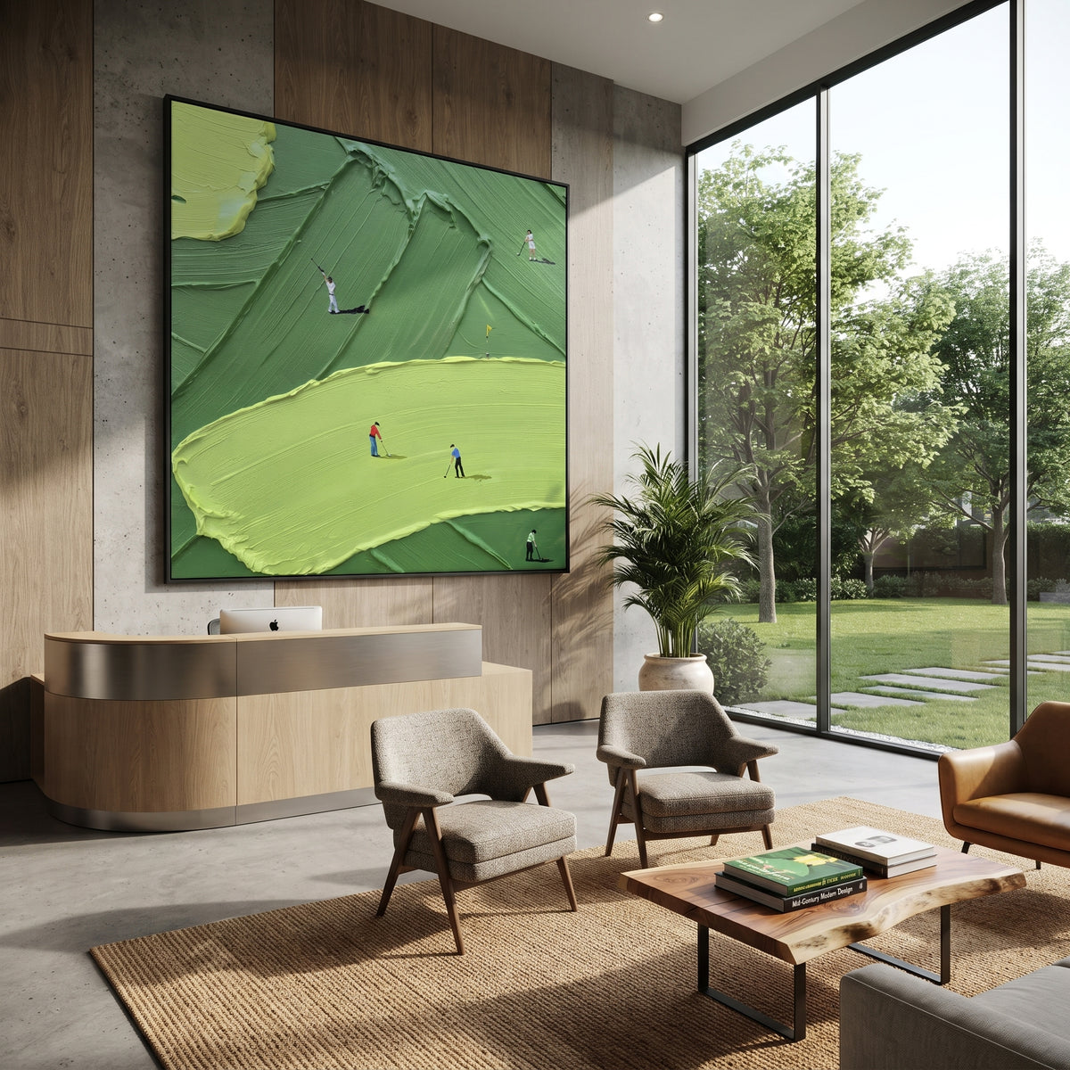 Broad Lime Fairway Golf focuses on this hand-painted textured canvas features broad lime fairway across the foreground, dark green raised ridges, and small golfers on the course. The composition is described from the actual main image, so the visible subject, color balance, spacing, and surface movement stay specific to this product instead of reading like a batch title. Raised palette-knife layers, sculpted impasto ridges, softened brush transitions, and tactile handmade texture give the canvas