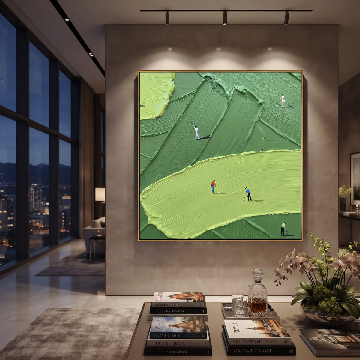 Broad Lime Fairway Golf focuses on this hand-painted textured canvas features broad lime fairway across the foreground, dark green raised ridges, and small golfers on the course. The composition is described from the actual main image, so the visible subject, color balance, spacing, and surface movement stay specific to this product instead of reading like a batch title. Raised palette-knife layers, sculpted impasto ridges, softened brush transitions, and tactile handmade texture give the canvas