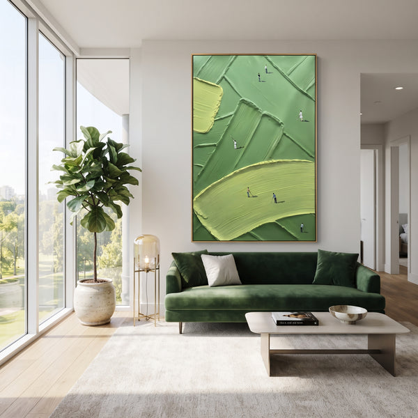 "Flagstick Fairway Golf Relief" - Modern Heavy Impasto Golf Course Landscape | Green & Yellow Palette Knife Painting | Luxury Vertical Wall Art #PT 1963