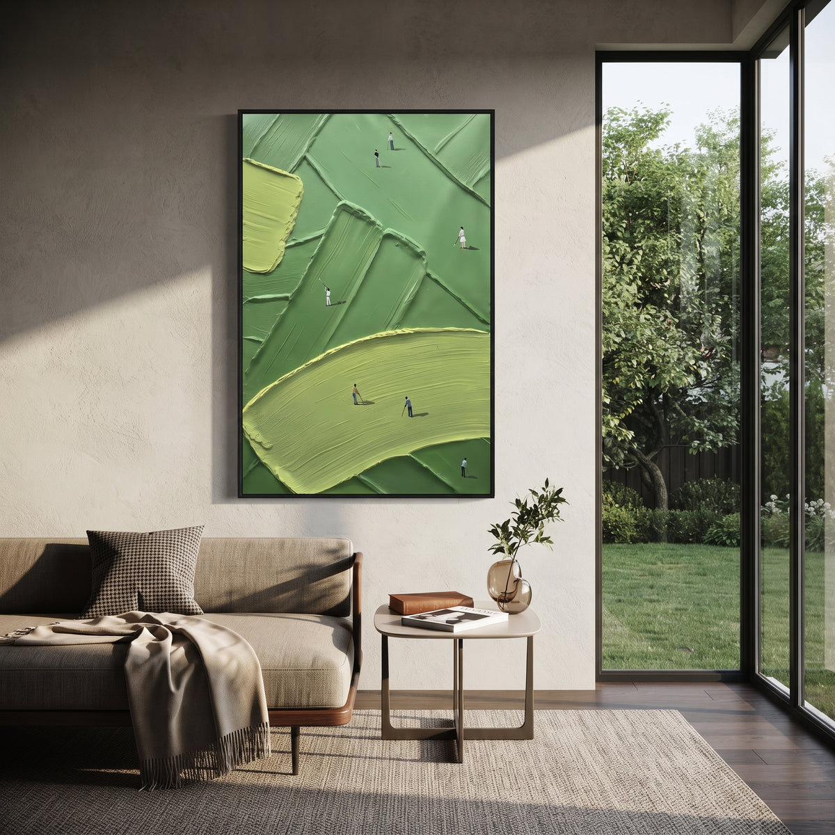 Flagstick Fairway Golf Relief focuses on this hand-painted textured canvas features vertical golf course with flagstick, lime green foreground, dark fairway ridges, and scattered players. The title and description are matched to the actual main image, so the visible subject, color balance, spacing, and surface movement stay specific to this product instead of using a repeated batch phrase. Raised palette-knife layers, sculpted impasto ridges, softened brush transitions, and tactile handmade