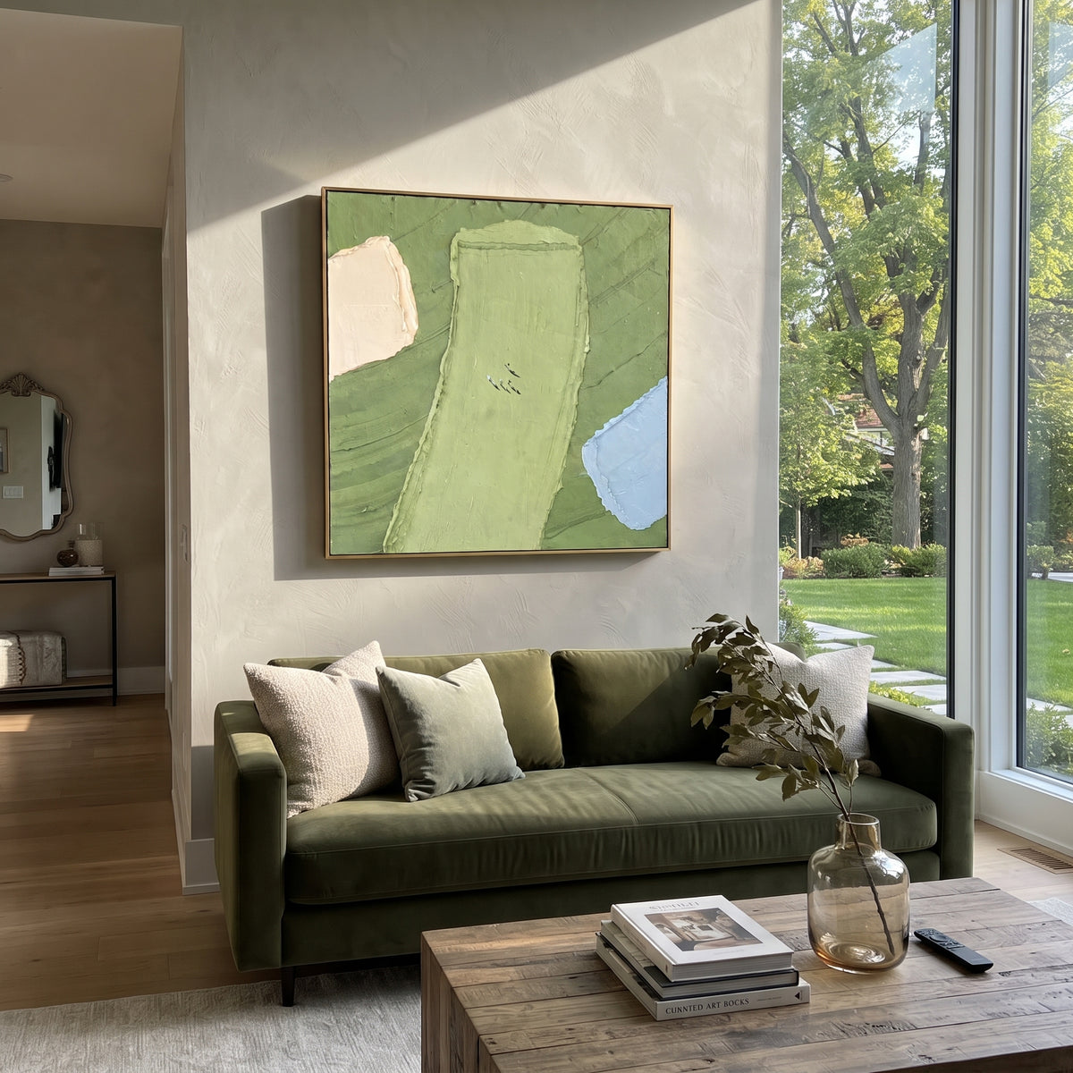 Minimal Golf Green With Water focuses on this hand-painted textured canvas features minimal green golf fairway, cream sand area, pale blue water hazard, and tiny golfers near the center. The composition is described from the actual main image, so the visible subject, color balance, spacing, and surface movement stay specific to this product instead of reading like a batch title. Raised palette-knife layers, sculpted impasto ridges, softened brush transitions, and tactile handmade texture give