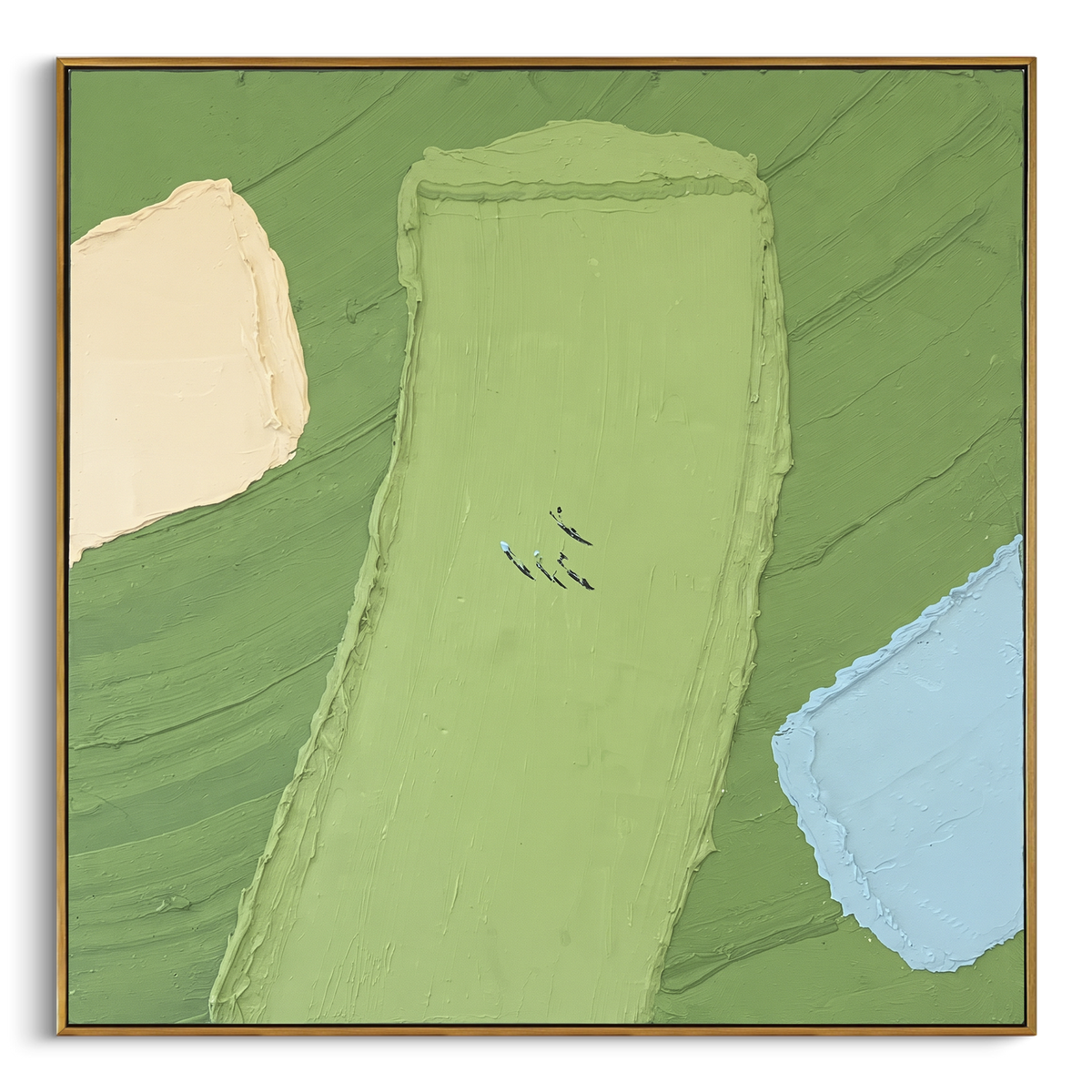 Minimal Golf Green With Water focuses on this hand-painted textured canvas features minimal green golf fairway, cream sand area, pale blue water hazard, and tiny golfers near the center. The composition is described from the actual main image, so the visible subject, color balance, spacing, and surface movement stay specific to this product instead of reading like a batch title. Raised palette-knife layers, sculpted impasto ridges, softened brush transitions, and tactile handmade texture give