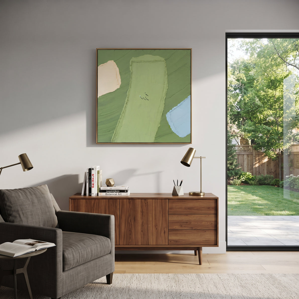 Minimal Golf Green With Water focuses on this hand-painted textured canvas features minimal green golf fairway, cream sand area, pale blue water hazard, and tiny golfers near the center. The composition is described from the actual main image, so the visible subject, color balance, spacing, and surface movement stay specific to this product instead of reading like a batch title. Raised palette-knife layers, sculpted impasto ridges, softened brush transitions, and tactile handmade texture give