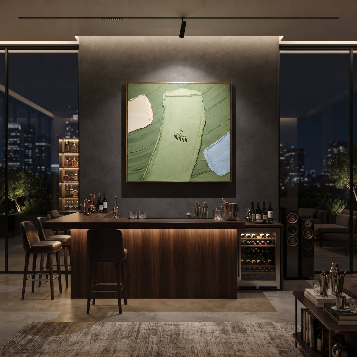 Minimal Golf Green With Water focuses on this hand-painted textured canvas features minimal green golf fairway, cream sand area, pale blue water hazard, and tiny golfers near the center. The composition is described from the actual main image, so the visible subject, color balance, spacing, and surface movement stay specific to this product instead of reading like a batch title. Raised palette-knife layers, sculpted impasto ridges, softened brush transitions, and tactile handmade texture give