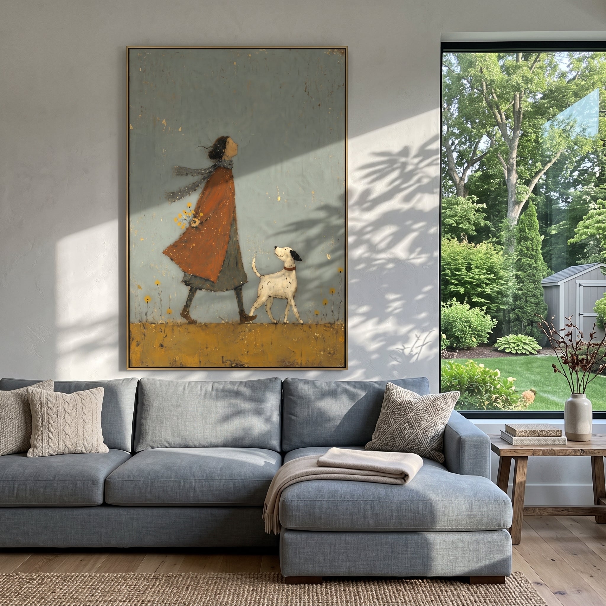 Woman Walking White Dog focuses on this hand-painted textured canvas features woman in a rust coat walking a small white dog across a muted blue grey ground. The composition is described from the actual main image, so the visible subject, color balance, spacing, and surface movement stay specific to this product instead of reading like a batch title. Raised palette-knife layers, sculpted impasto ridges, softened brush transitions, and tactile handmade texture give the canvas dimensional depth