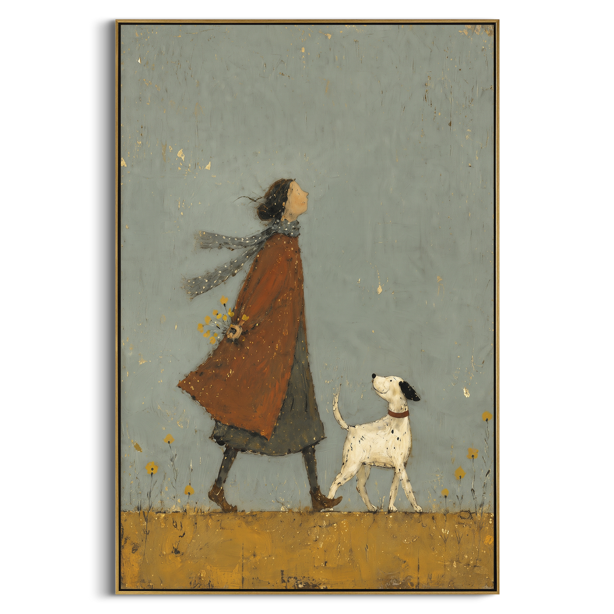 Woman Walking White Dog focuses on this hand-painted textured canvas features woman in a rust coat walking a small white dog across a muted blue grey ground. The composition is described from the actual main image, so the visible subject, color balance, spacing, and surface movement stay specific to this product instead of reading like a batch title. Raised palette-knife layers, sculpted impasto ridges, softened brush transitions, and tactile handmade texture give the canvas dimensional depth