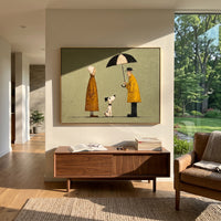 Umbrella Couple With Spotted Dog focuses on this hand-painted textured canvas features standing couple under a black umbrella with a small spotted dog on an olive background. The composition is described from the actual main image, so the visible subject, color balance, spacing, and surface movement stay specific to this product instead of reading like a batch title. Raised palette-knife layers, sculpted impasto ridges, softened brush transitions, and tactile handmade texture give the canvas
