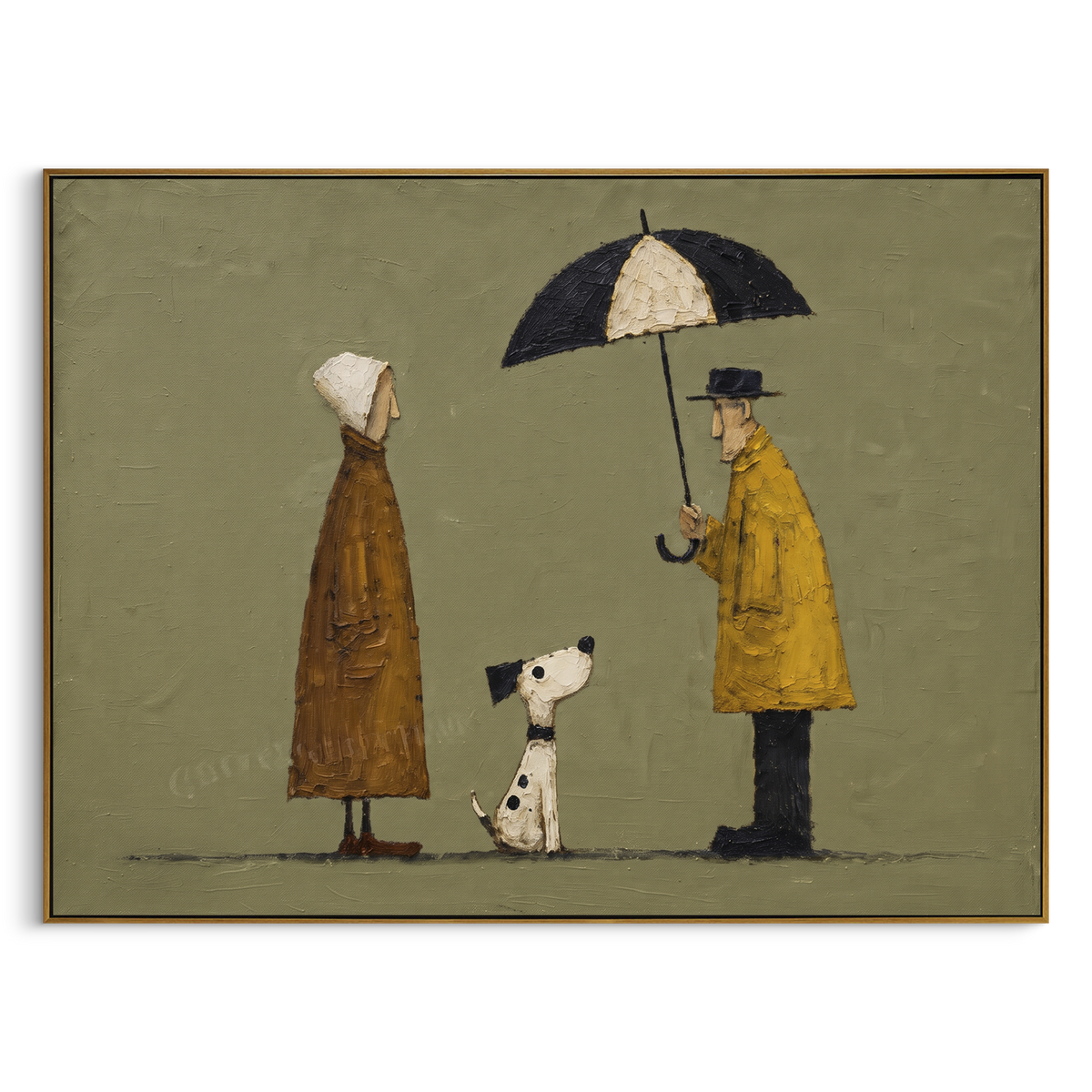 "Umbrella Couple With Spotted Dog" - Modern Heavy Impasto Dog Portrait Artwork | Green & Black Palette Knife Painting | Luxury Horizontal Wall Art #PT 1967