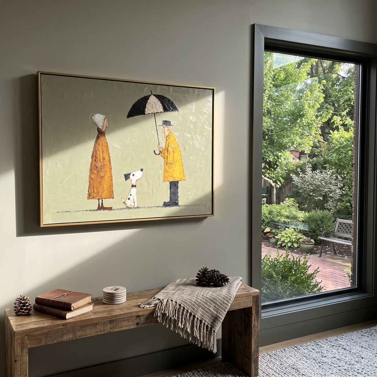 Umbrella Couple With Spotted Dog focuses on this hand-painted textured canvas features standing couple under a black umbrella with a small spotted dog on an olive background. The composition is described from the actual main image, so the visible subject, color balance, spacing, and surface movement stay specific to this product instead of reading like a batch title. Raised palette-knife layers, sculpted impasto ridges, softened brush transitions, and tactile handmade texture give the canvas