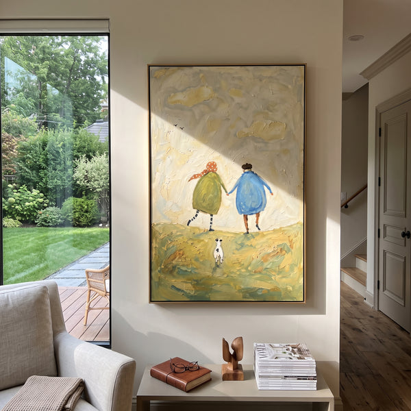 "Two Walkers With Small Dog" - Modern Heavy Impasto Dog Portrait Artwork | Yellow & Green Palette Knife Painting | Luxury Vertical Wall Art #PT 1968