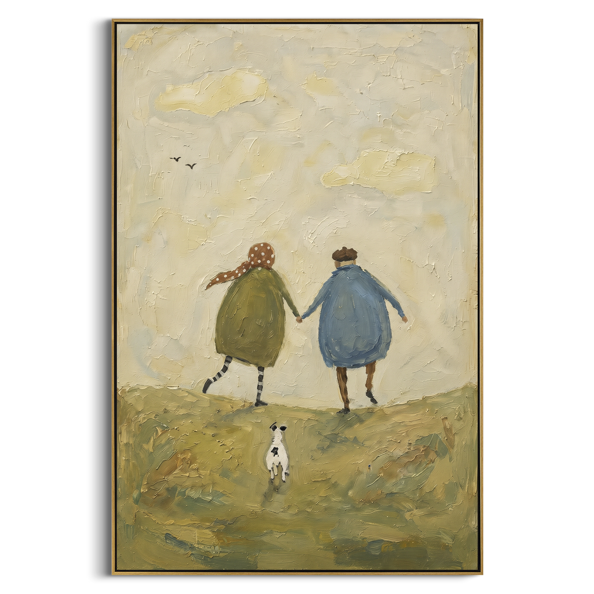 "Two Walkers With Small Dog" - Modern Heavy Impasto Dog Portrait Artwork | Yellow & Green Palette Knife Painting | Luxury Vertical Wall Art #PT 1968