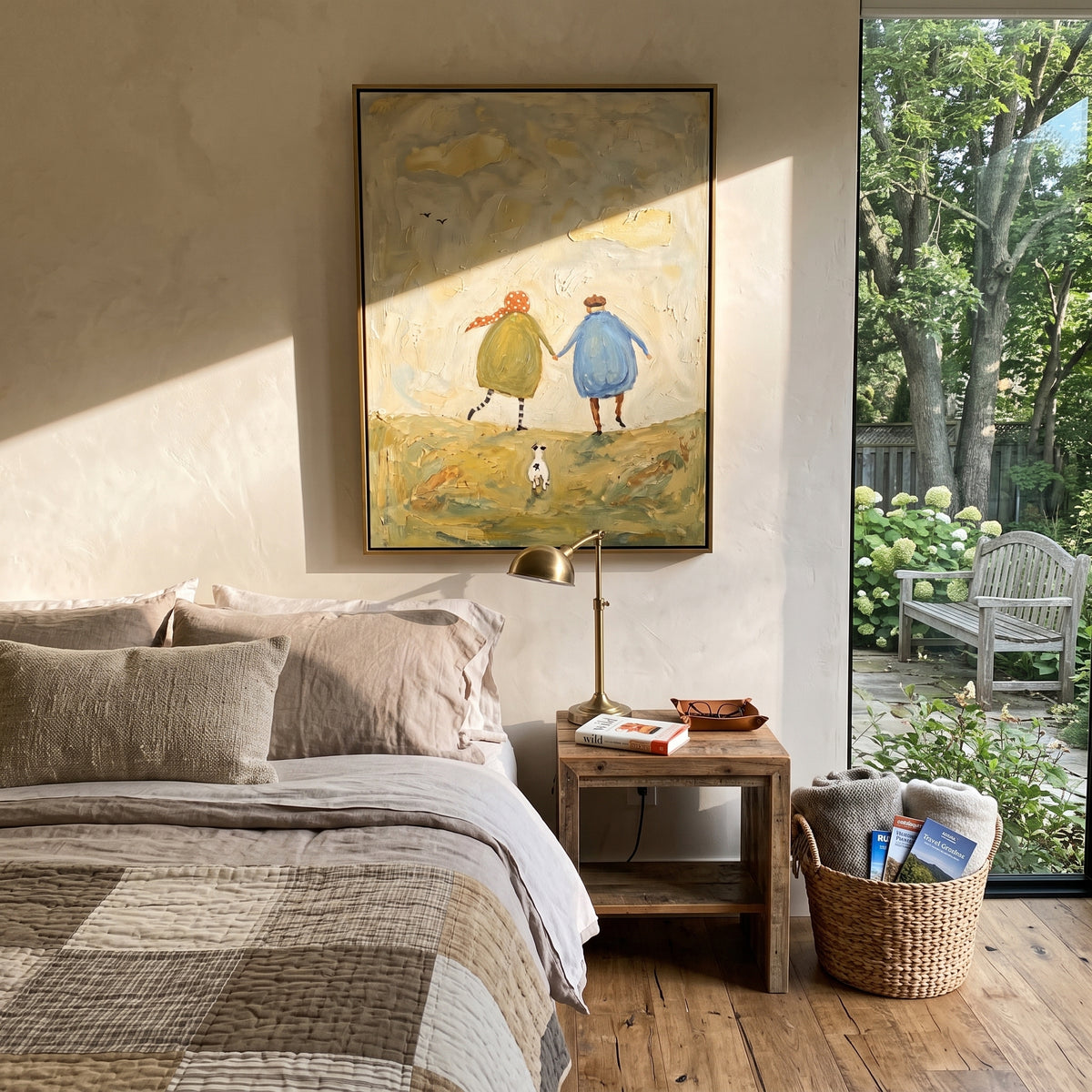 Two Walkers With Small Dog focuses on this hand-painted textured canvas features two rounded walkers moving over pale hills with a tiny white dog beneath a soft yellow sky. The composition is described from the actual main image, so the visible subject, color balance, spacing, and surface movement stay specific to this product instead of reading like a batch title. Raised palette-knife layers, sculpted impasto ridges, softened brush transitions, and tactile handmade texture give the canvas