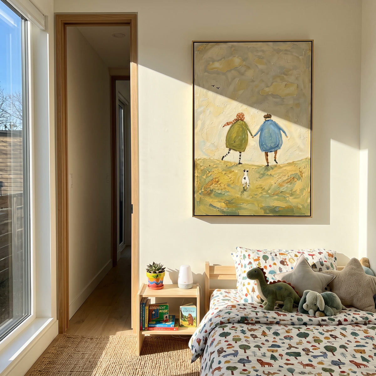 Two Walkers With Small Dog focuses on this hand-painted textured canvas features two rounded walkers moving over pale hills with a tiny white dog beneath a soft yellow sky. The composition is described from the actual main image, so the visible subject, color balance, spacing, and surface movement stay specific to this product instead of reading like a batch title. Raised palette-knife layers, sculpted impasto ridges, softened brush transitions, and tactile handmade texture give the canvas