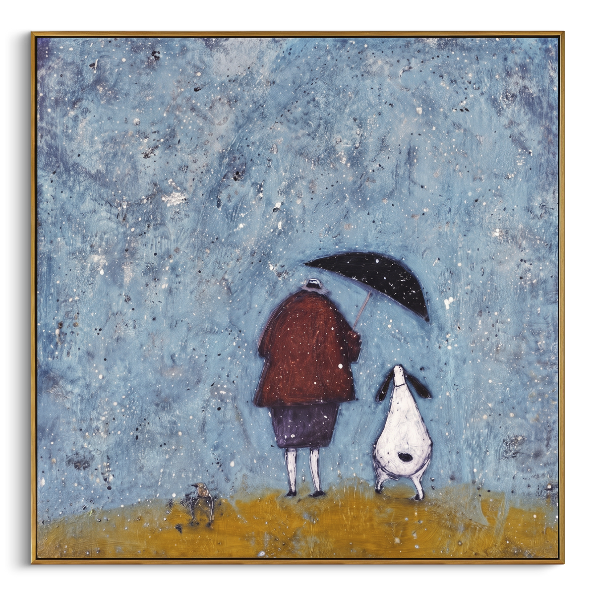Rainy Umbrella Dog Companion focuses on this hand-painted textured canvas features red coated figure under a dark umbrella beside a white dog on a snowy blue textured field. The composition is described from the actual main image, so the visible subject, color balance, spacing, and surface movement stay specific to this product instead of reading like a batch title. Raised palette-knife layers, sculpted impasto ridges, softened brush transitions, and tactile handmade texture give the canvas