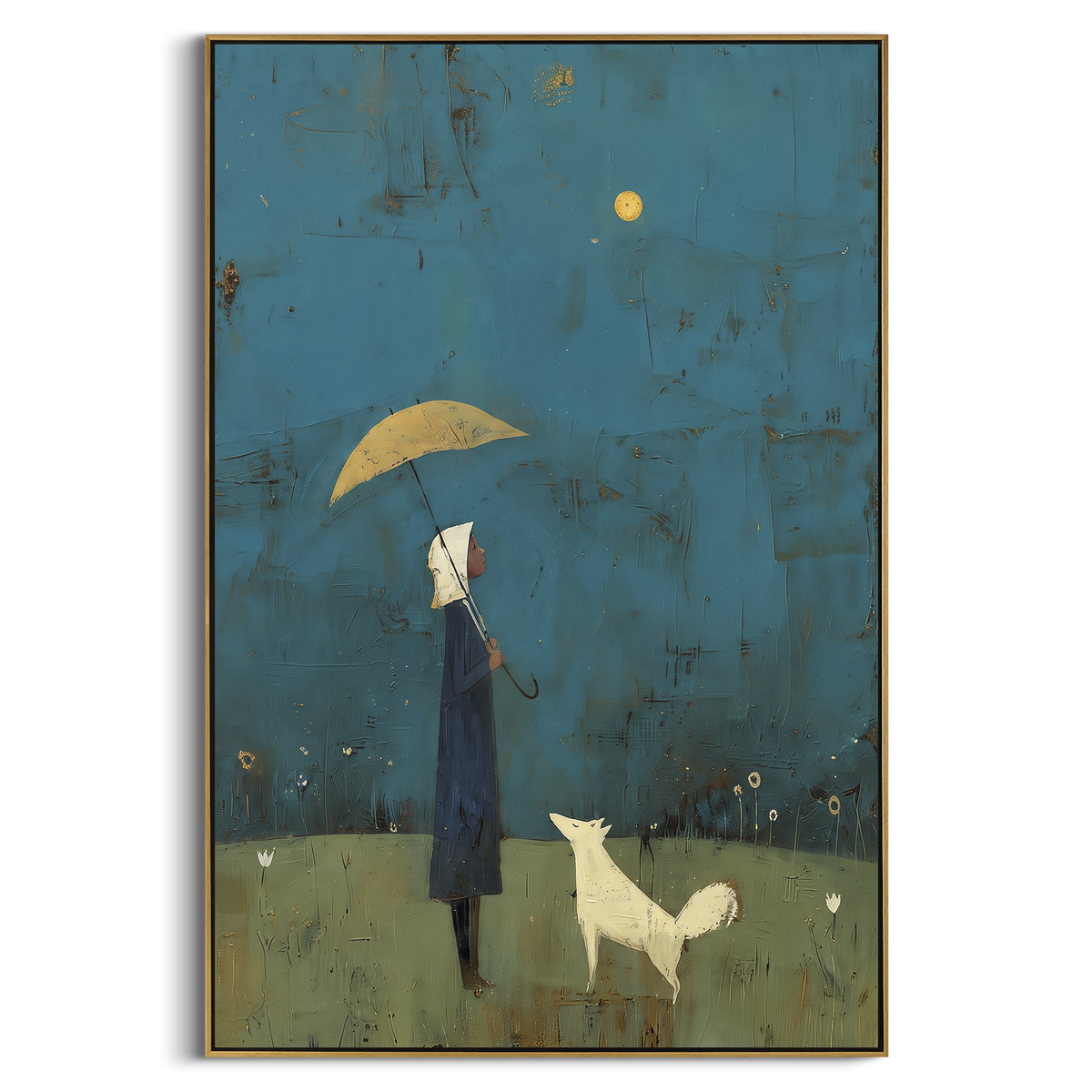 "Moonlit Umbrella Woman With White Dog" - Modern Heavy Impasto Dog Portrait Artwork | Blue & White Palette Knife Painting | Luxury Vertical Wall Art #PT 1970