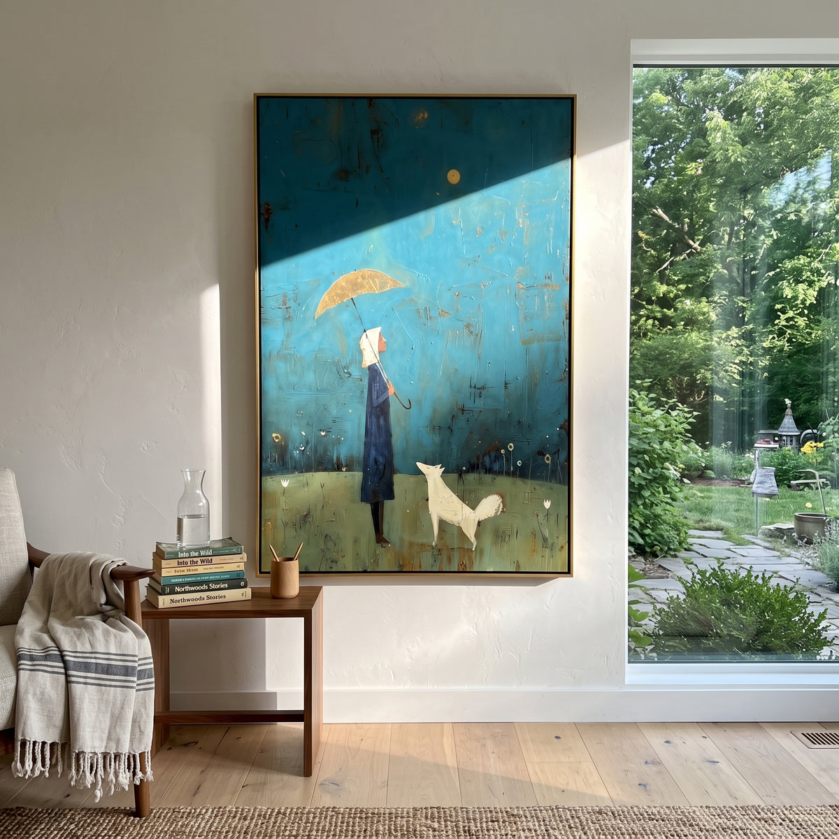 Moonlit Umbrella Woman With White Dog focuses on this hand-painted textured canvas features slender woman holding a pale umbrella with a white dog under a small moon on teal blue. The composition is described from the actual main image, so the visible subject, color balance, spacing, and surface movement stay specific to this product instead of reading like a batch title. Raised palette-knife layers, sculpted impasto ridges, softened brush transitions, and tactile handmade texture give the