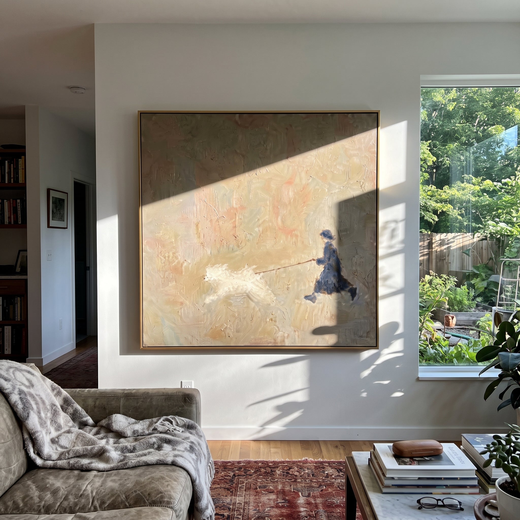 Girl Running With White Dog focuses on this hand-painted textured canvas features small dark figure running with a fluffy white dog across a warm neutral textured ground. The composition is described from the actual main image, so the visible subject, color balance, spacing, and surface movement stay specific to this product instead of reading like a batch title. Raised palette-knife layers, sculpted impasto ridges, softened brush transitions, and tactile handmade texture give the canvas
