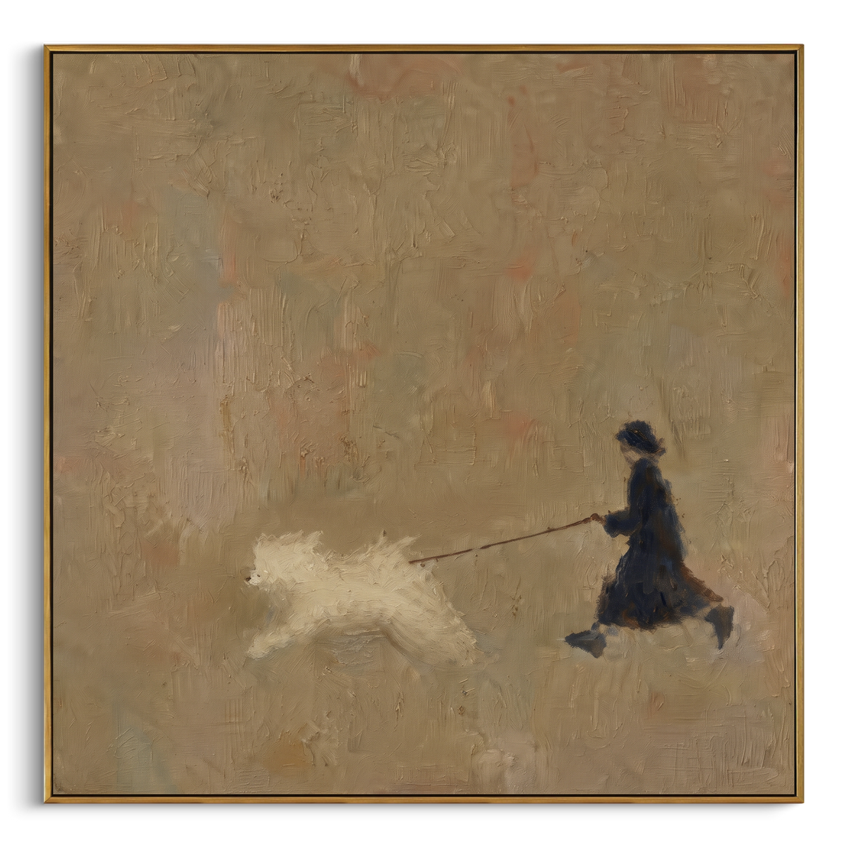 Girl Running With White Dog focuses on this hand-painted textured canvas features small dark figure running with a fluffy white dog across a warm neutral textured ground. The composition is described from the actual main image, so the visible subject, color balance, spacing, and surface movement stay specific to this product instead of reading like a batch title. Raised palette-knife layers, sculpted impasto ridges, softened brush transitions, and tactile handmade texture give the canvas