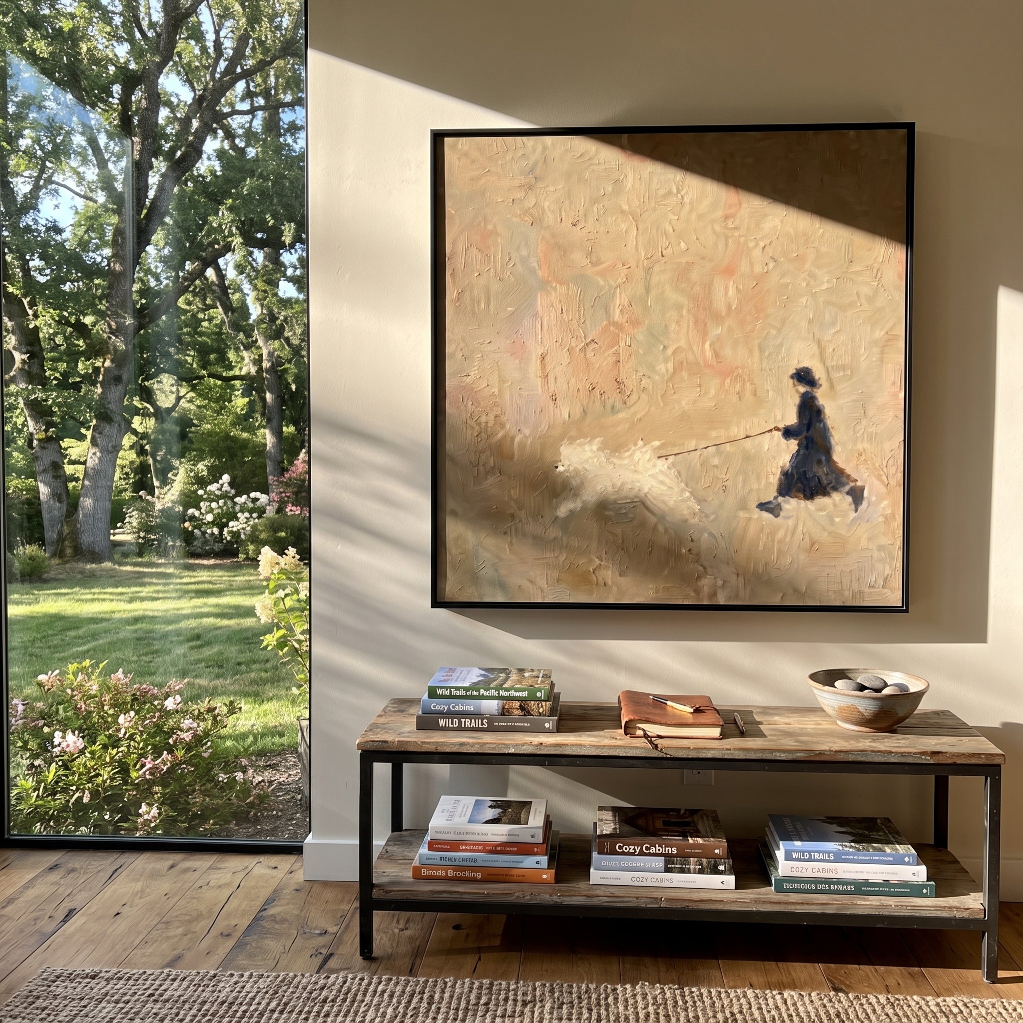 Girl Running With White Dog focuses on this hand-painted textured canvas features small dark figure running with a fluffy white dog across a warm neutral textured ground. The composition is described from the actual main image, so the visible subject, color balance, spacing, and surface movement stay specific to this product instead of reading like a batch title. Raised palette-knife layers, sculpted impasto ridges, softened brush transitions, and tactile handmade texture give the canvas
