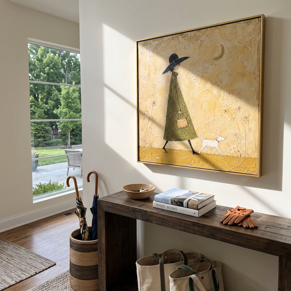 "Green Dress Woman With White Dog" - Modern Heavy Impasto Dog Portrait Artwork | Yellow & Green Palette Knife Painting | Luxury Square Wall Art #PT 1972