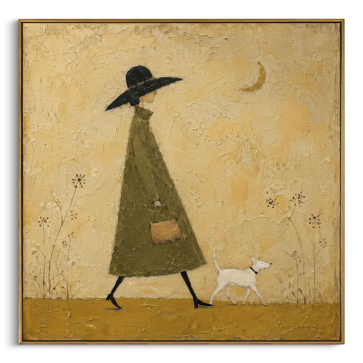 Green Dress Woman With White Dog focuses on this hand-painted textured canvas features woman in a long green dress and black hat walking a small white dog through a golden field. The composition is described from the actual main image, so the visible subject, color balance, spacing, and surface movement stay specific to this product instead of reading like a batch title. Raised palette-knife layers, sculpted impasto ridges, softened brush transitions, and tactile handmade texture give the canvas