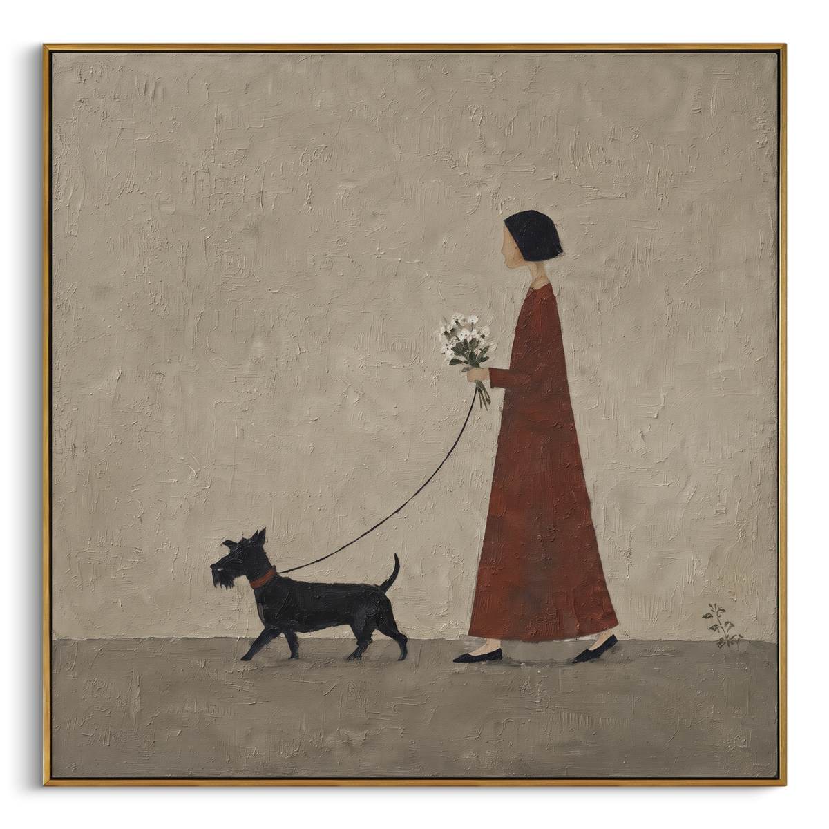 Red Dress Woman Walking Black Dog focuses on this hand-painted textured canvas features tall woman in a red dress holding flowers while walking a small black dog on a grey ground. The composition is described from the actual main image, so the visible subject, color balance, spacing, and surface movement stay specific to this product instead of reading like a batch title. Raised palette-knife layers, sculpted impasto ridges, softened brush transitions, and tactile handmade texture give the