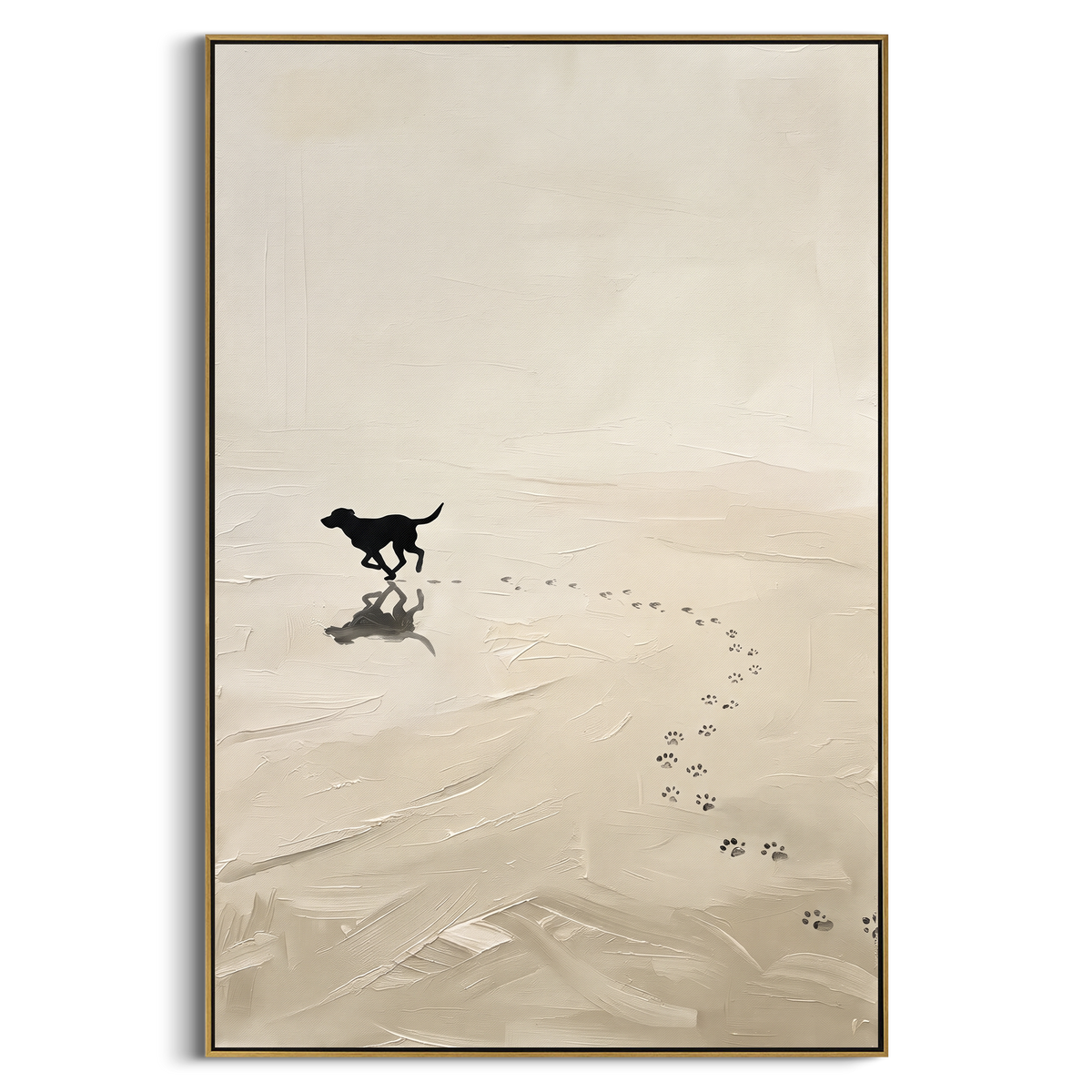 "Lone Black Dog Snow Tracks" - Modern Heavy Impasto Dog Portrait Artwork | White & Grey Palette Knife Painting | Luxury Vertical Wall Art #PT 1974