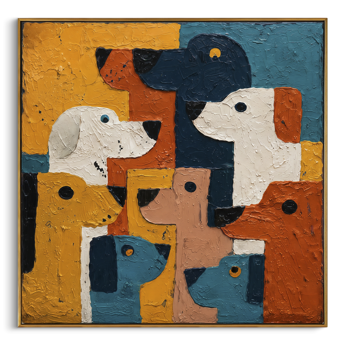 Color Block Dog Faces focuses on this hand-painted textured canvas features stacked abstract dog heads in white, blue, rust, ochre, and black color blocks. The composition is described from the actual main image, so the visible subject, color balance, spacing, and surface movement stay specific to this product instead of reading like a batch title. Raised palette-knife layers, sculpted impasto ridges, softened brush transitions, and tactile handmade texture give the canvas dimensional depth
