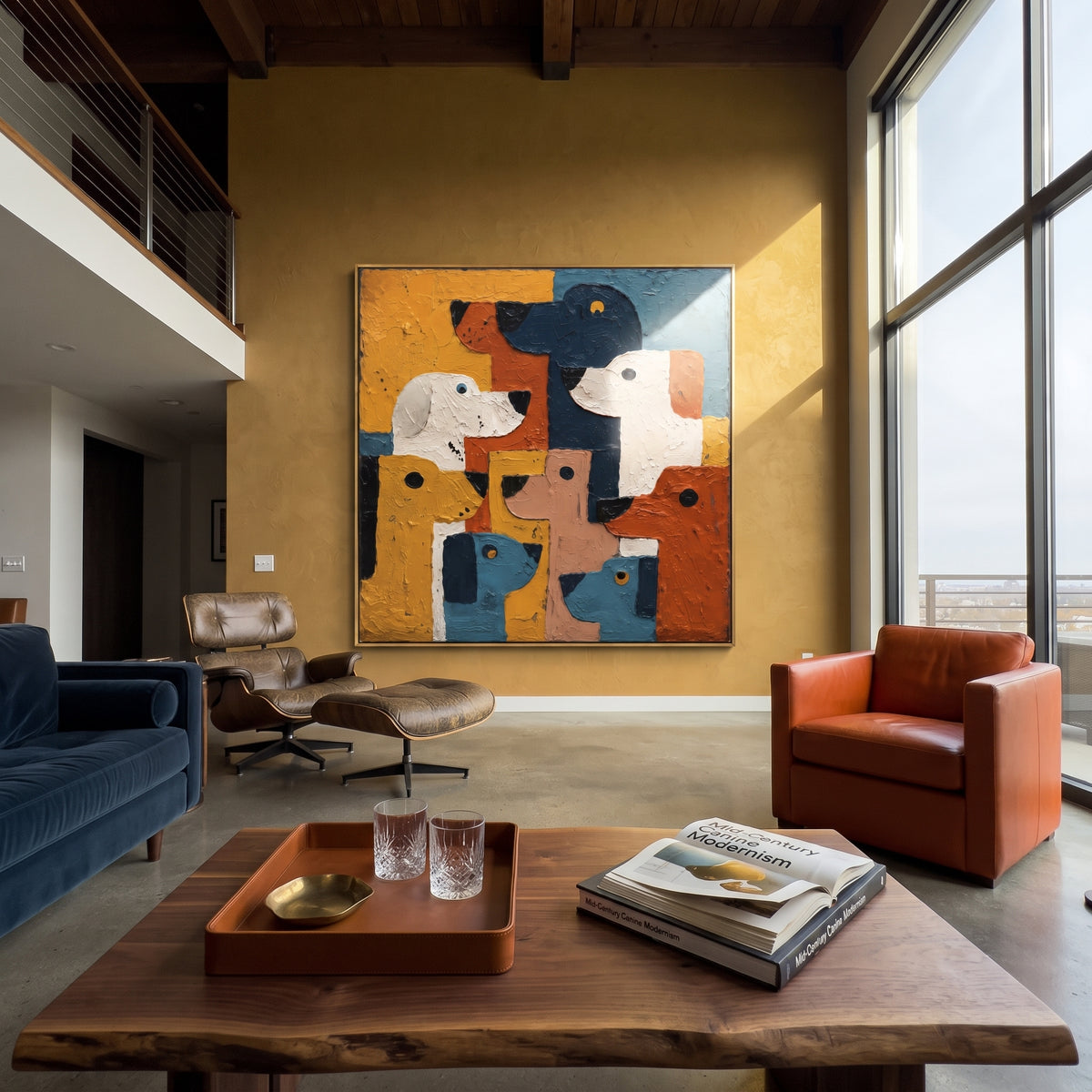 Color Block Dog Faces focuses on this hand-painted textured canvas features stacked abstract dog heads in white, blue, rust, ochre, and black color blocks. The composition is described from the actual main image, so the visible subject, color balance, spacing, and surface movement stay specific to this product instead of reading like a batch title. Raised palette-knife layers, sculpted impasto ridges, softened brush transitions, and tactile handmade texture give the canvas dimensional depth