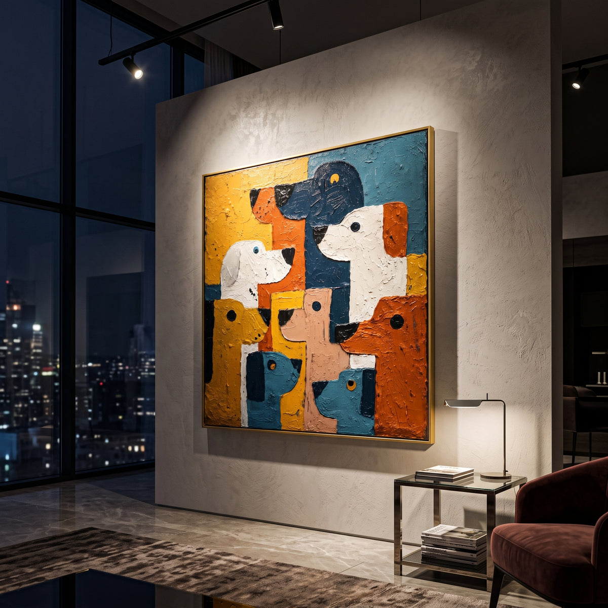Color Block Dog Faces focuses on this hand-painted textured canvas features stacked abstract dog heads in white, blue, rust, ochre, and black color blocks. The composition is described from the actual main image, so the visible subject, color balance, spacing, and surface movement stay specific to this product instead of reading like a batch title. Raised palette-knife layers, sculpted impasto ridges, softened brush transitions, and tactile handmade texture give the canvas dimensional depth