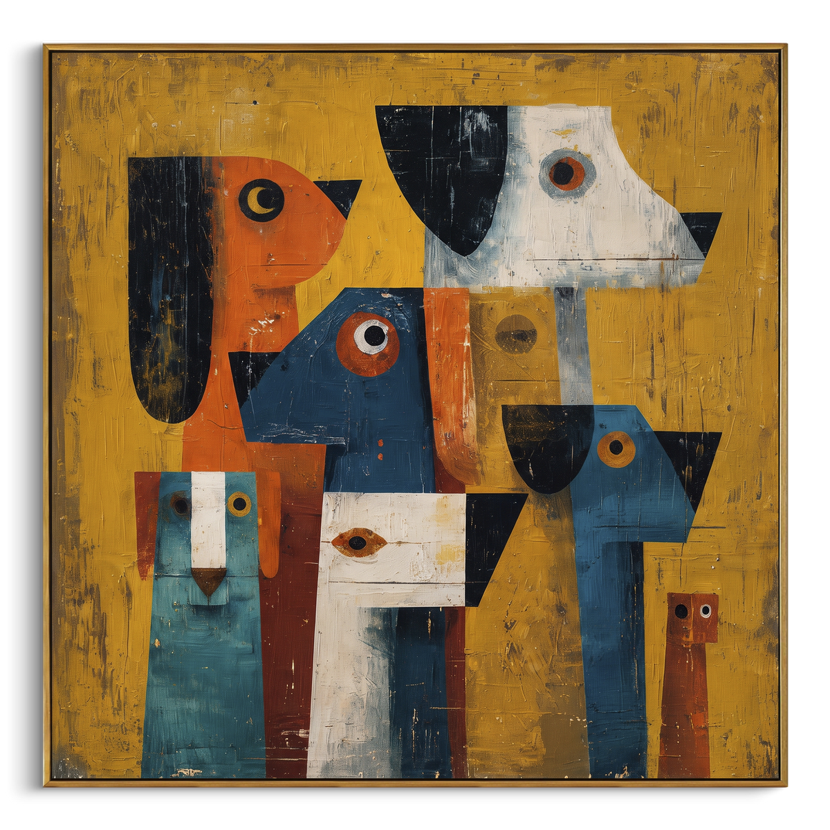"Mustard Dog Face Collage" - Modern Heavy Impasto Dog Portrait Artwork | Yellow & Blue Palette Knife Painting | Luxury Square Wall Art #PT 1976