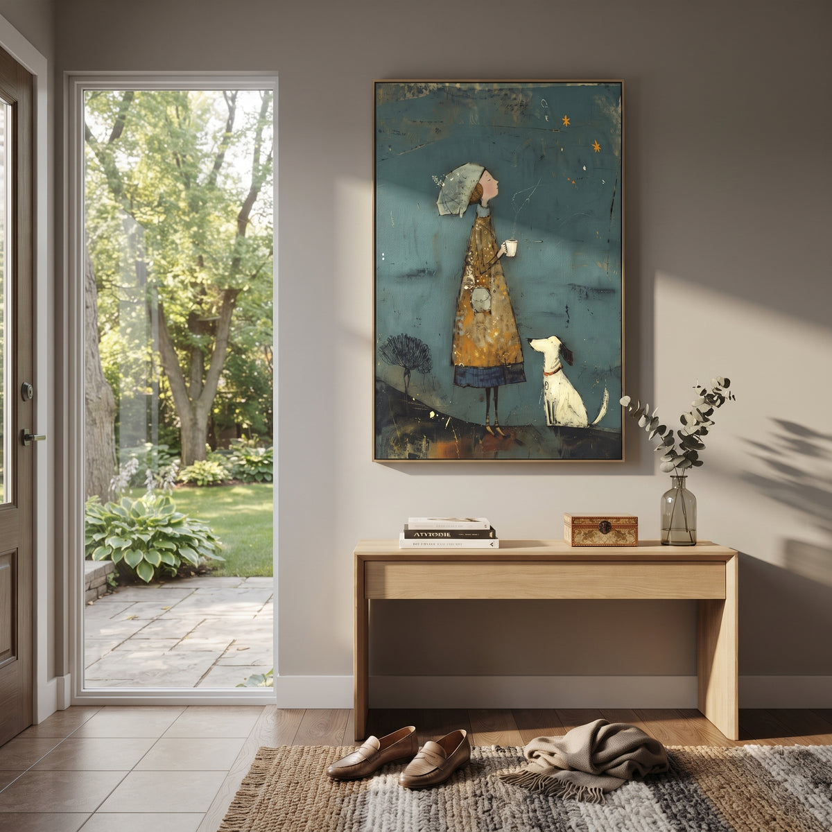 Starry Woman With White Dog focuses on this hand-painted textured canvas features woman in a patterned coat under a pale umbrella beside a white dog on a dark teal night field. The composition is described from the actual main image, so the visible subject, color balance, spacing, and surface movement stay specific to this product instead of reading like a batch title. Raised palette-knife layers, sculpted impasto ridges, softened brush transitions, and tactile handmade texture give the canvas