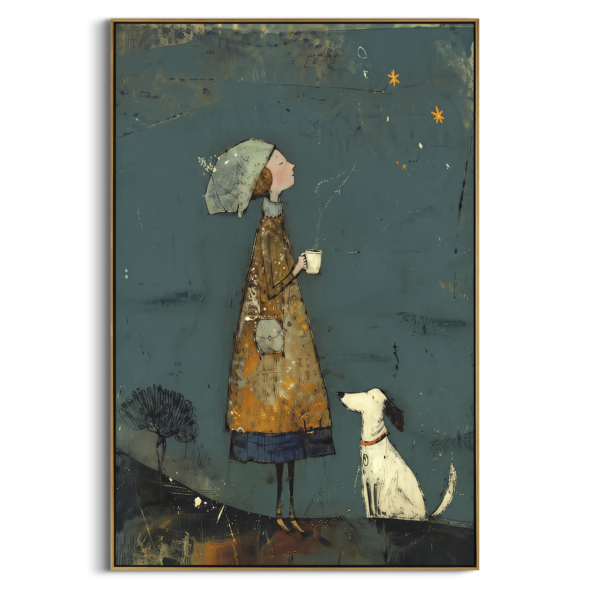Starry Woman With White Dog focuses on this hand-painted textured canvas features woman in a patterned coat under a pale umbrella beside a white dog on a dark teal night field. The composition is described from the actual main image, so the visible subject, color balance, spacing, and surface movement stay specific to this product instead of reading like a batch title. Raised palette-knife layers, sculpted impasto ridges, softened brush transitions, and tactile handmade texture give the canvas