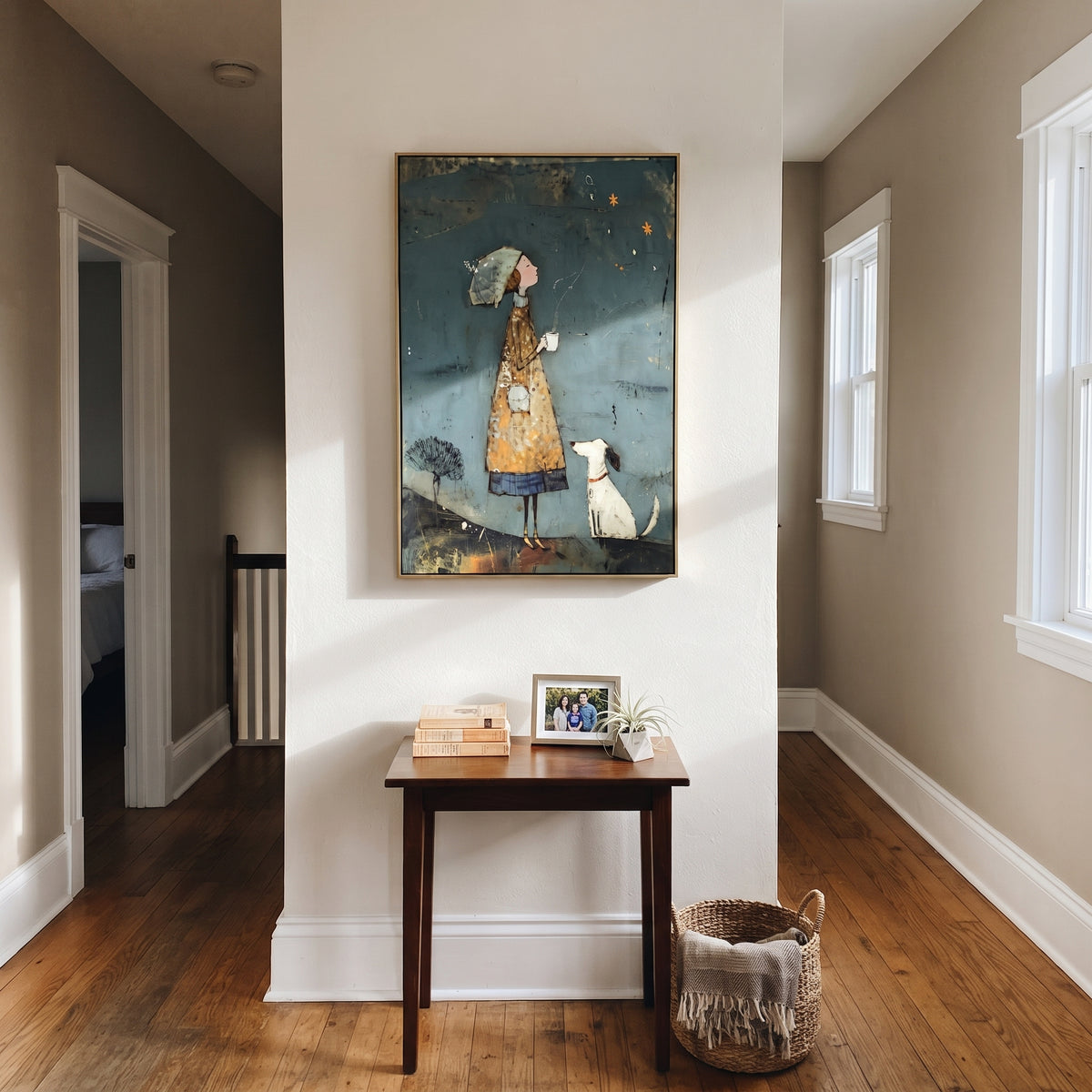 Starry Woman With White Dog focuses on this hand-painted textured canvas features woman in a patterned coat under a pale umbrella beside a white dog on a dark teal night field. The composition is described from the actual main image, so the visible subject, color balance, spacing, and surface movement stay specific to this product instead of reading like a batch title. Raised palette-knife layers, sculpted impasto ridges, softened brush transitions, and tactile handmade texture give the canvas
