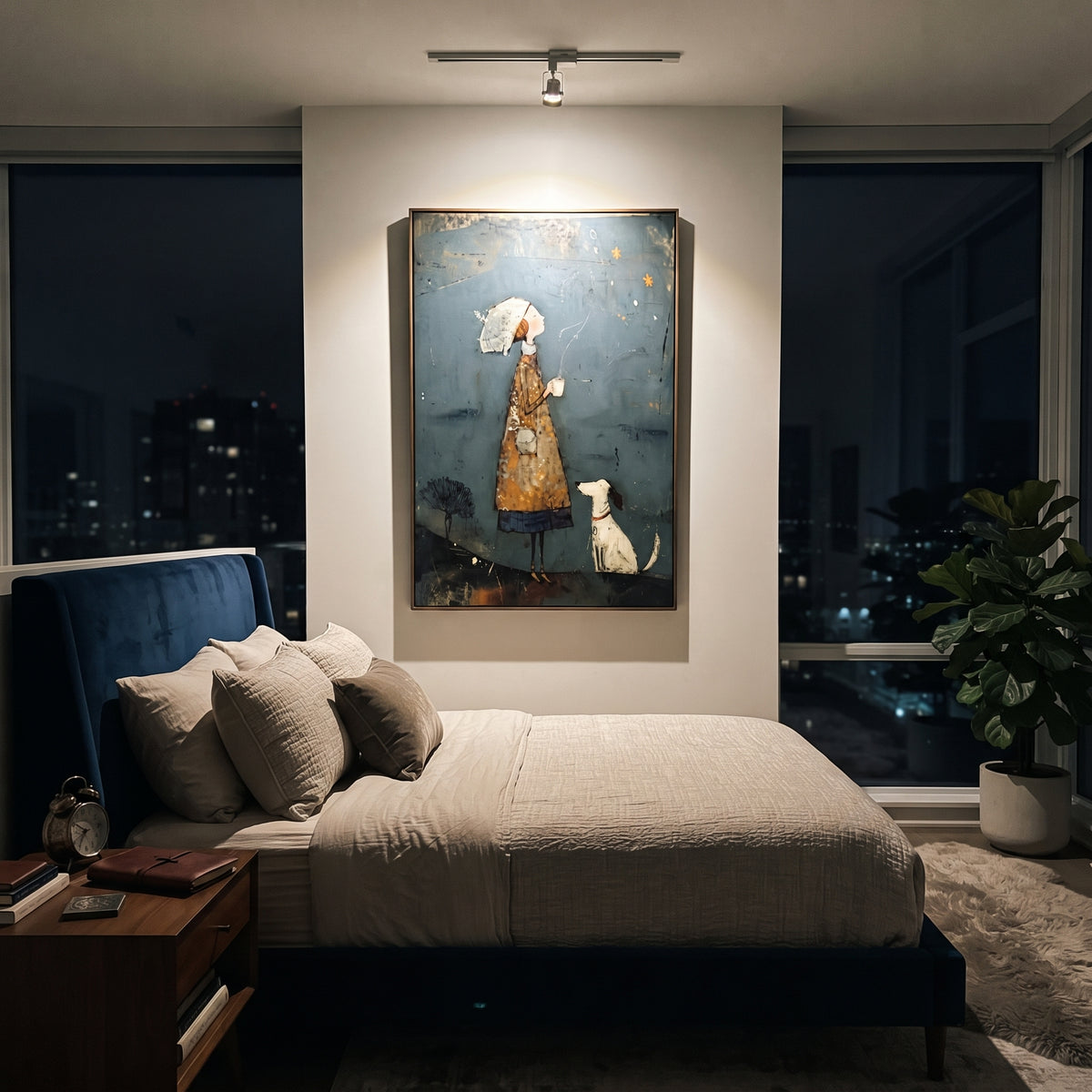 Starry Woman With White Dog focuses on this hand-painted textured canvas features woman in a patterned coat under a pale umbrella beside a white dog on a dark teal night field. The composition is described from the actual main image, so the visible subject, color balance, spacing, and surface movement stay specific to this product instead of reading like a batch title. Raised palette-knife layers, sculpted impasto ridges, softened brush transitions, and tactile handmade texture give the canvas