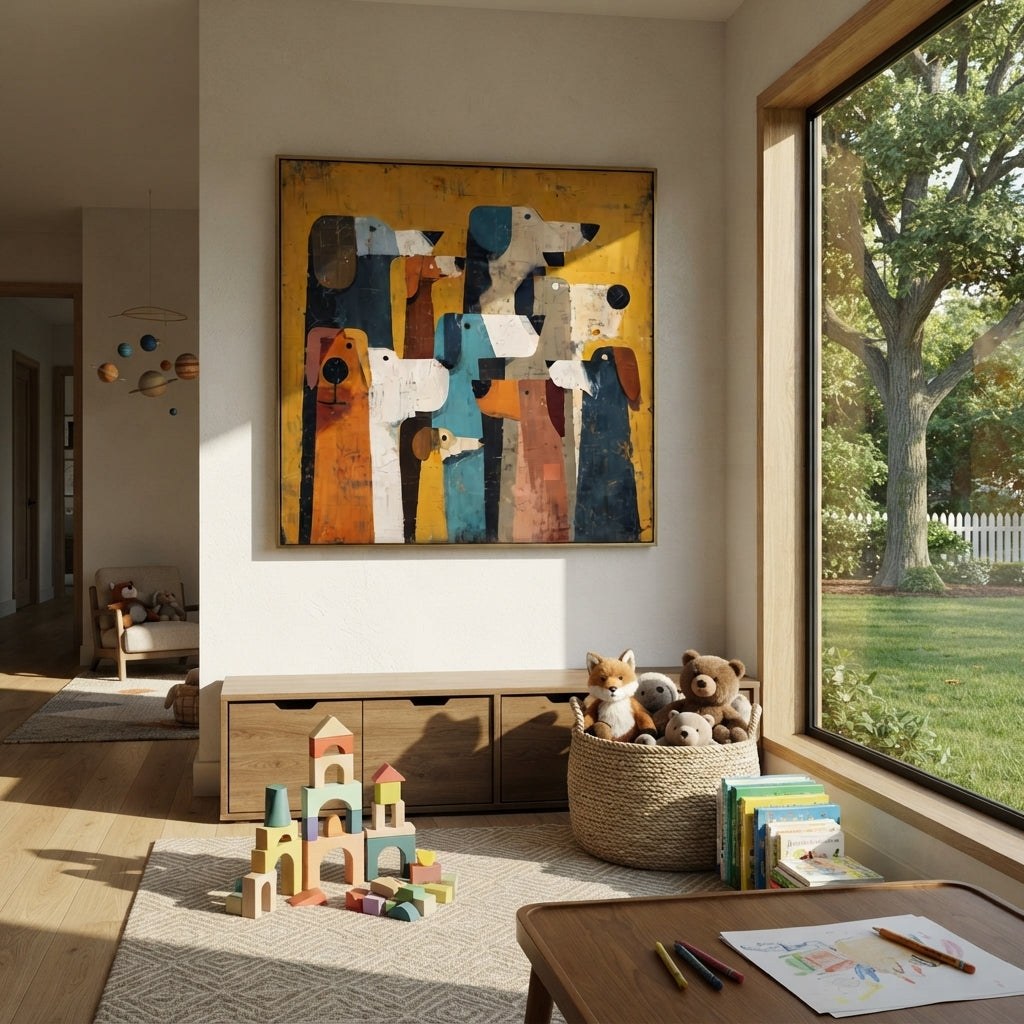 Tall Dog Head Crowd focuses on this hand-painted textured canvas features vertical crowd of stylized dog heads in white, blue, rust, black, and tan on a golden ground. The composition is described from the actual main image, so the visible subject, color balance, spacing, and surface movement stay specific to this product instead of reading like a batch title. Raised palette-knife layers, sculpted impasto ridges, softened brush transitions, and tactile handmade texture give the canvas