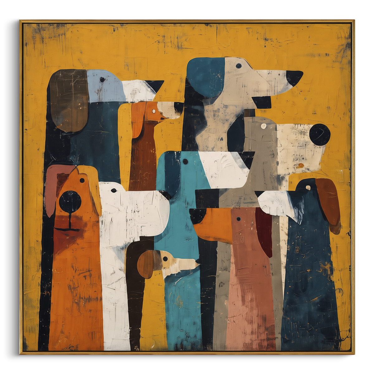 Tall Dog Head Crowd focuses on this hand-painted textured canvas features vertical crowd of stylized dog heads in white, blue, rust, black, and tan on a golden ground. The composition is described from the actual main image, so the visible subject, color balance, spacing, and surface movement stay specific to this product instead of reading like a batch title. Raised palette-knife layers, sculpted impasto ridges, softened brush transitions, and tactile handmade texture give the canvas