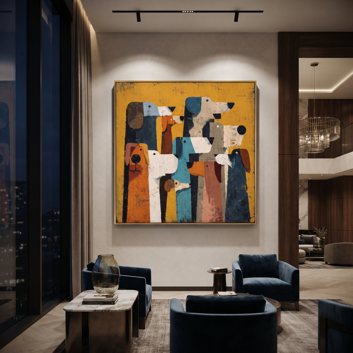 Tall Dog Head Crowd focuses on this hand-painted textured canvas features vertical crowd of stylized dog heads in white, blue, rust, black, and tan on a golden ground. The composition is described from the actual main image, so the visible subject, color balance, spacing, and surface movement stay specific to this product instead of reading like a batch title. Raised palette-knife layers, sculpted impasto ridges, softened brush transitions, and tactile handmade texture give the canvas