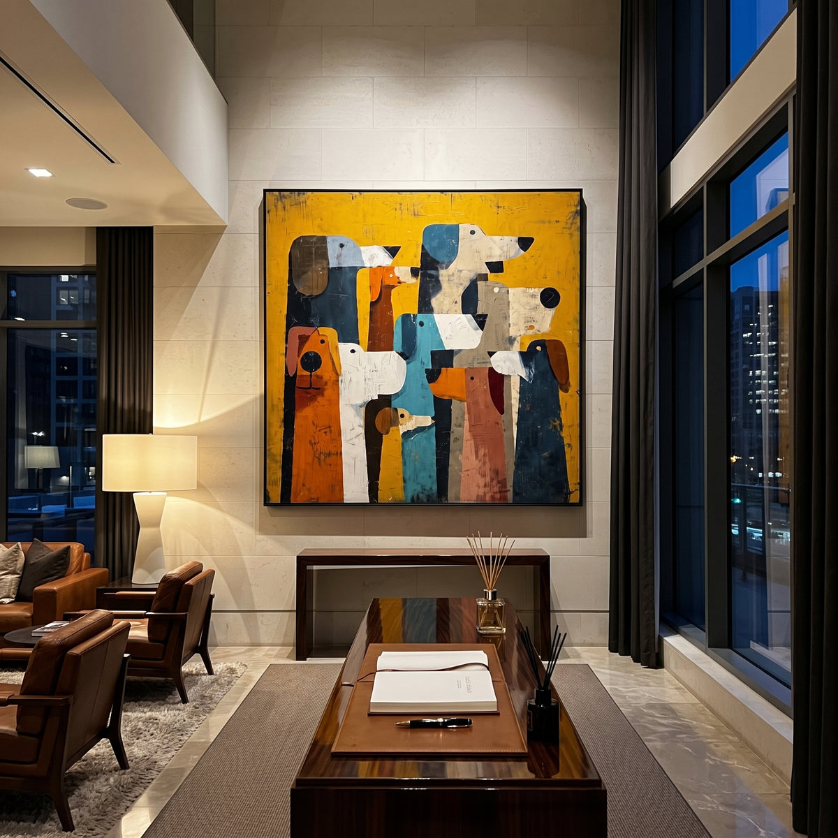 Tall Dog Head Crowd focuses on this hand-painted textured canvas features vertical crowd of stylized dog heads in white, blue, rust, black, and tan on a golden ground. The composition is described from the actual main image, so the visible subject, color balance, spacing, and surface movement stay specific to this product instead of reading like a batch title. Raised palette-knife layers, sculpted impasto ridges, softened brush transitions, and tactile handmade texture give the canvas