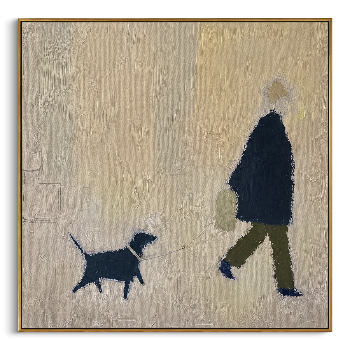 Blue Dog Walker Minimal focuses on this hand-painted textured canvas features soft minimal figure walking a small blue dog across a cream textured square canvas. The composition is described from the actual main image, so the visible subject, color balance, spacing, and surface movement stay specific to this product instead of reading like a batch title. Raised palette-knife layers, sculpted impasto ridges, softened brush transitions, and tactile handmade texture give the canvas dimensional