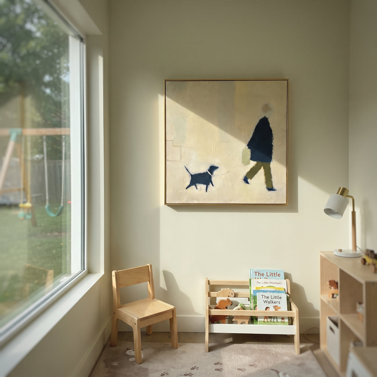 Blue Dog Walker Minimal focuses on this hand-painted textured canvas features soft minimal figure walking a small blue dog across a cream textured square canvas. The composition is described from the actual main image, so the visible subject, color balance, spacing, and surface movement stay specific to this product instead of reading like a batch title. Raised palette-knife layers, sculpted impasto ridges, softened brush transitions, and tactile handmade texture give the canvas dimensional