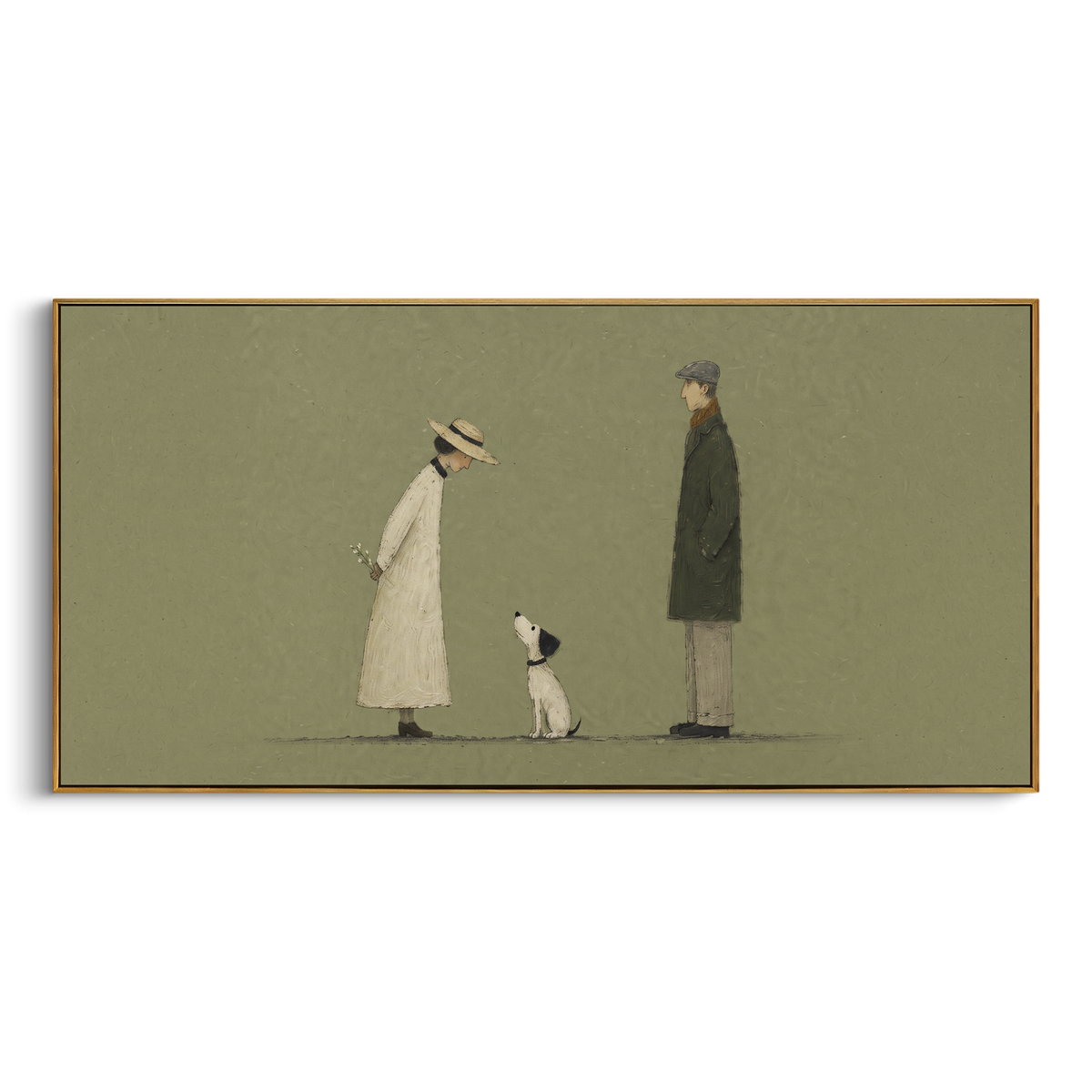 Wide Couple With Small Dog focuses on this hand-painted textured canvas features wide olive scene with a woman, a tall man, and a small white dog standing between them. The composition is described from the actual main image, so the visible subject, color balance, spacing, and surface movement stay specific to this product instead of reading like a batch title. Raised palette-knife layers, sculpted impasto ridges, softened brush transitions, and tactile handmade texture give the canvas