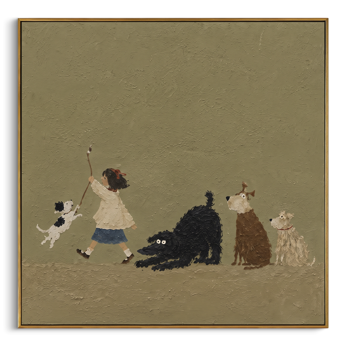 "Girl With Five Dogs" - Modern Heavy Impasto Dog Portrait Artwork | Green & Black Palette Knife Painting | Luxury Square Wall Art #PT 1981