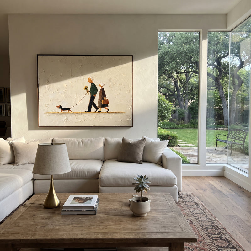 "Family Walking Dachshund" - Modern Heavy Impasto Dog Portrait Artwork | Beige & Black Palette Knife Painting | Luxury Horizontal Wall Art #PT 1982