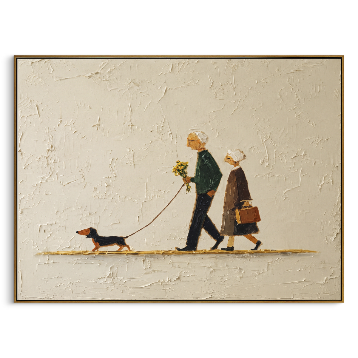Family Walking Dachshund focuses on this hand-painted textured canvas features family figures walking a small dachshund across a cream horizontal ground. The composition is described from the actual main image, so the visible subject, color balance, spacing, and surface movement stay specific to this product instead of reading like a batch title. Raised palette-knife layers, sculpted impasto ridges, softened brush transitions, and tactile handmade texture give the canvas dimensional depth under