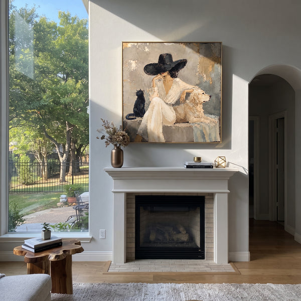 "Woman Resting With Cat And White Dog" - Modern Heavy Impasto Dog Portrait Artwork | Beige & Black Palette Knife Painting | Luxury Square Wall Art #PT 1983