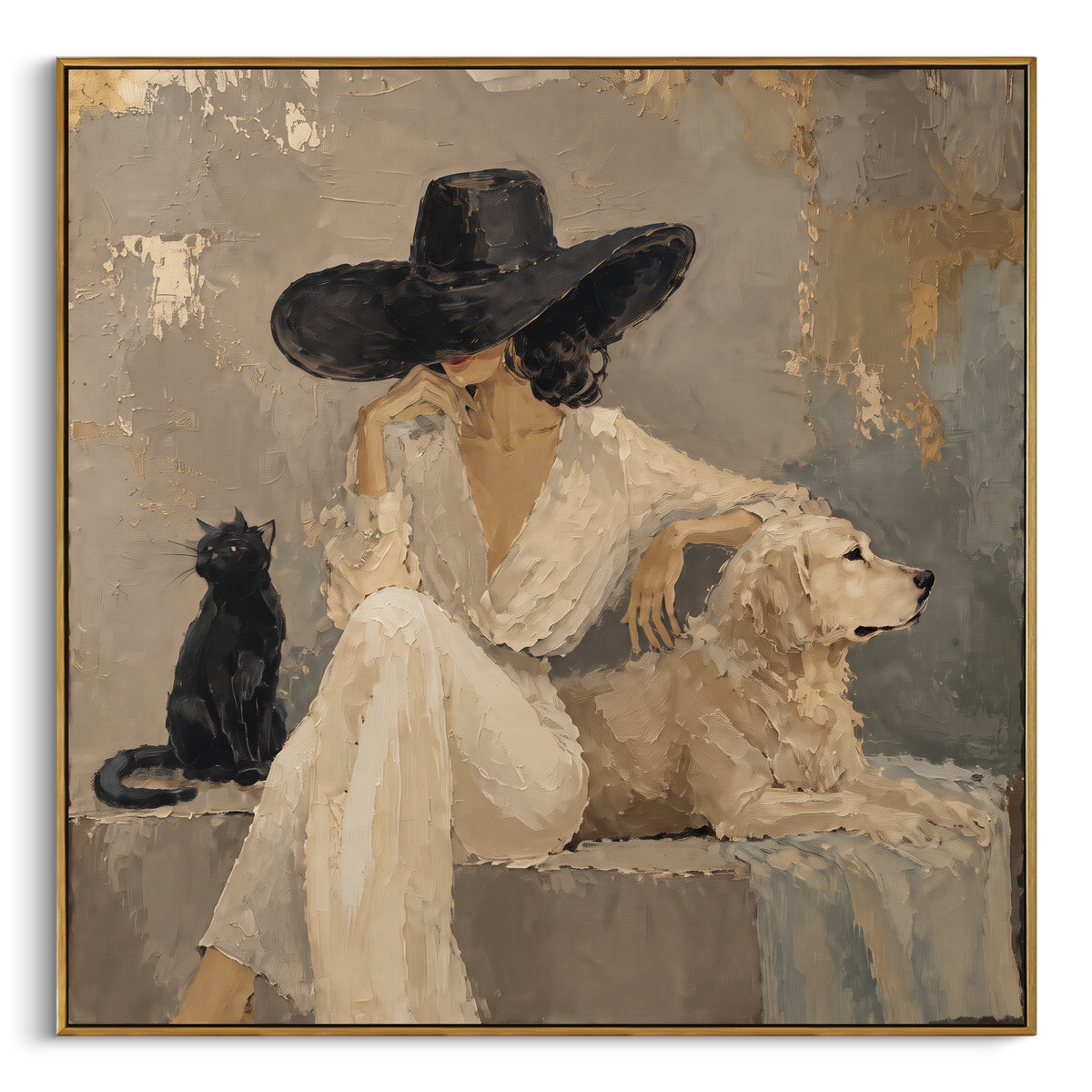 Woman Resting With Cat And White Dog focuses on this hand-painted textured canvas features seated woman in a black hat resting beside a black cat and a large white dog. The composition is described from the actual main image, so the visible subject, color balance, spacing, and surface movement stay specific to this product instead of reading like a batch title. Raised palette-knife layers, sculpted impasto ridges, softened brush transitions, and tactile handmade texture give the canvas