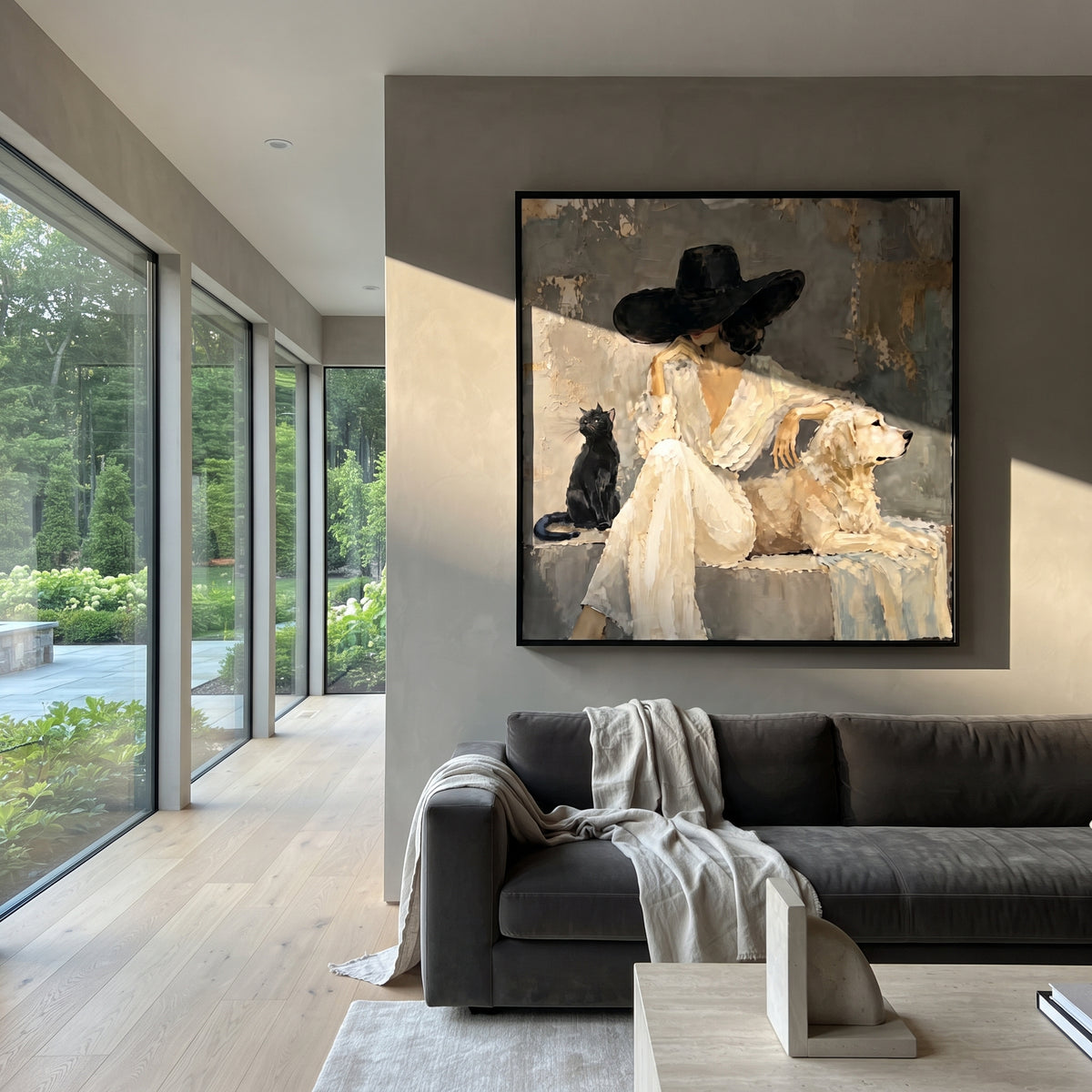 Woman Resting With Cat And White Dog focuses on this hand-painted textured canvas features seated woman in a black hat resting beside a black cat and a large white dog. The composition is described from the actual main image, so the visible subject, color balance, spacing, and surface movement stay specific to this product instead of reading like a batch title. Raised palette-knife layers, sculpted impasto ridges, softened brush transitions, and tactile handmade texture give the canvas